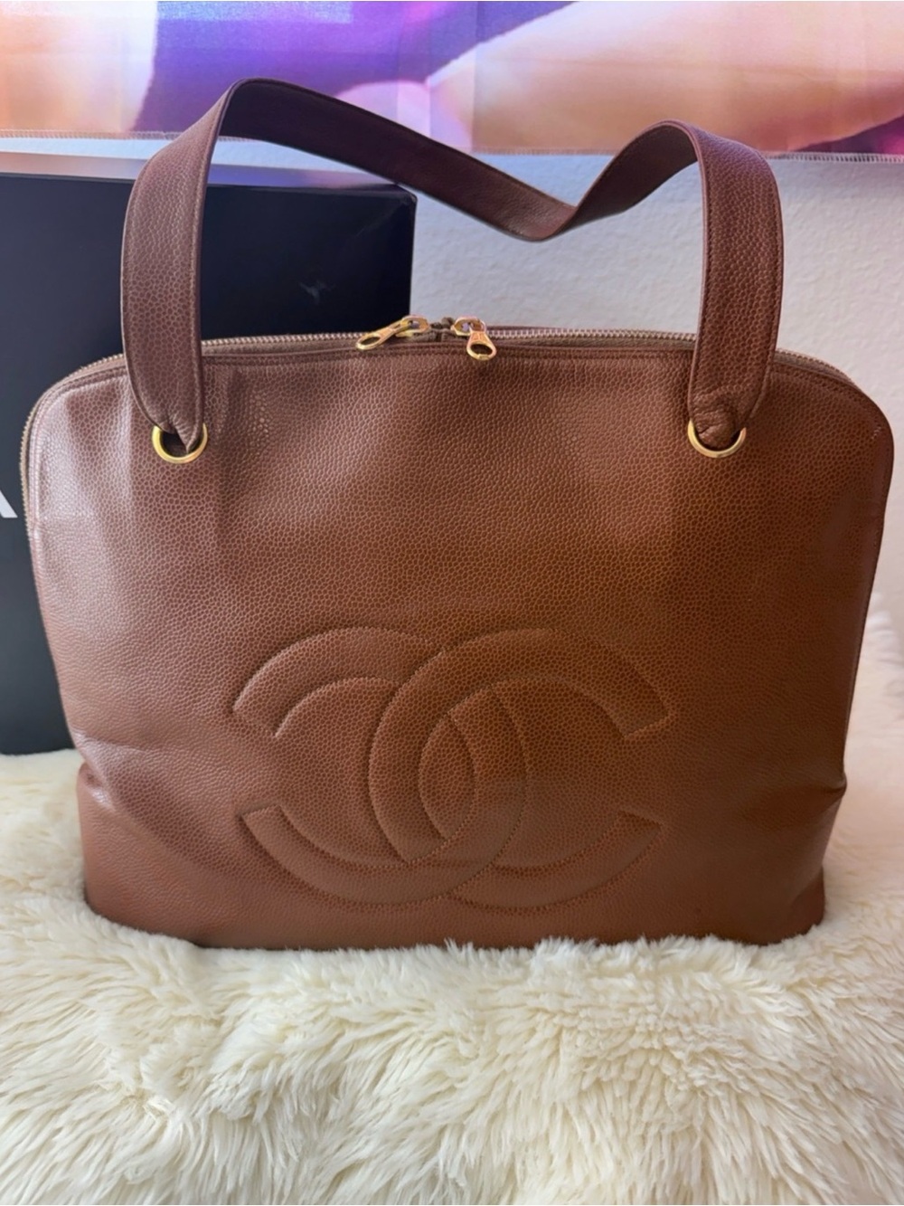 Chanel Caviar Stitched CC Double Zip Brown Caramel Timeless Tote Keychain Charm